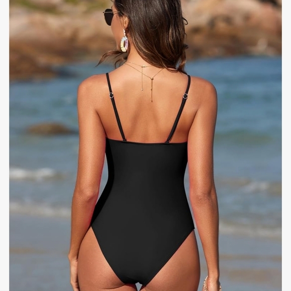 V Neck Mesh Cutout Swimwear Cross Front Tummy Control Push Up SZ L (8-10) black - Picture 3 of 8